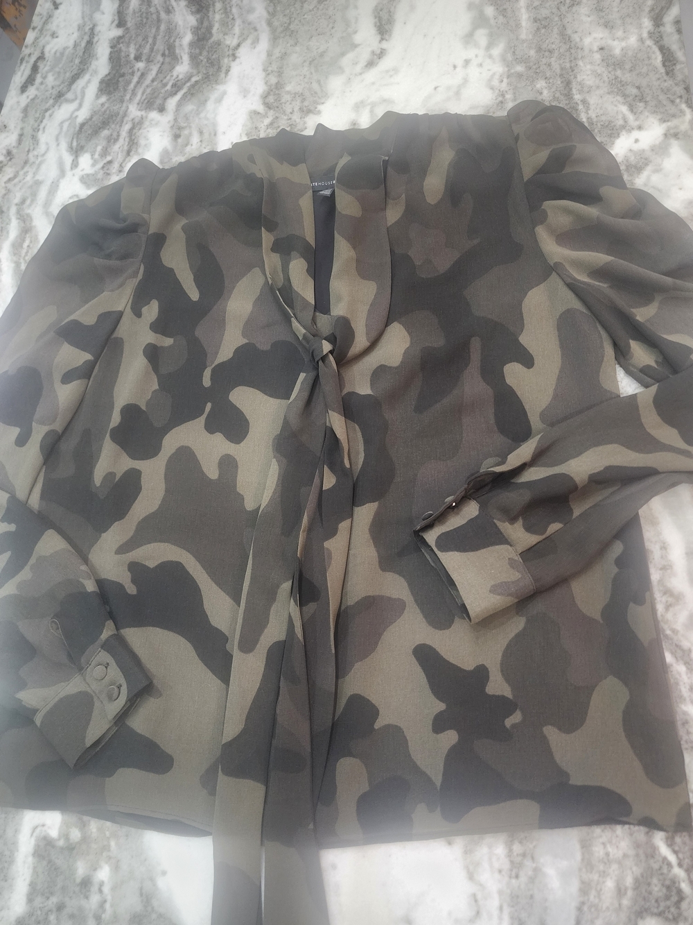 White House Black Market Olive and Black Camo Tie-Neck Blouse
